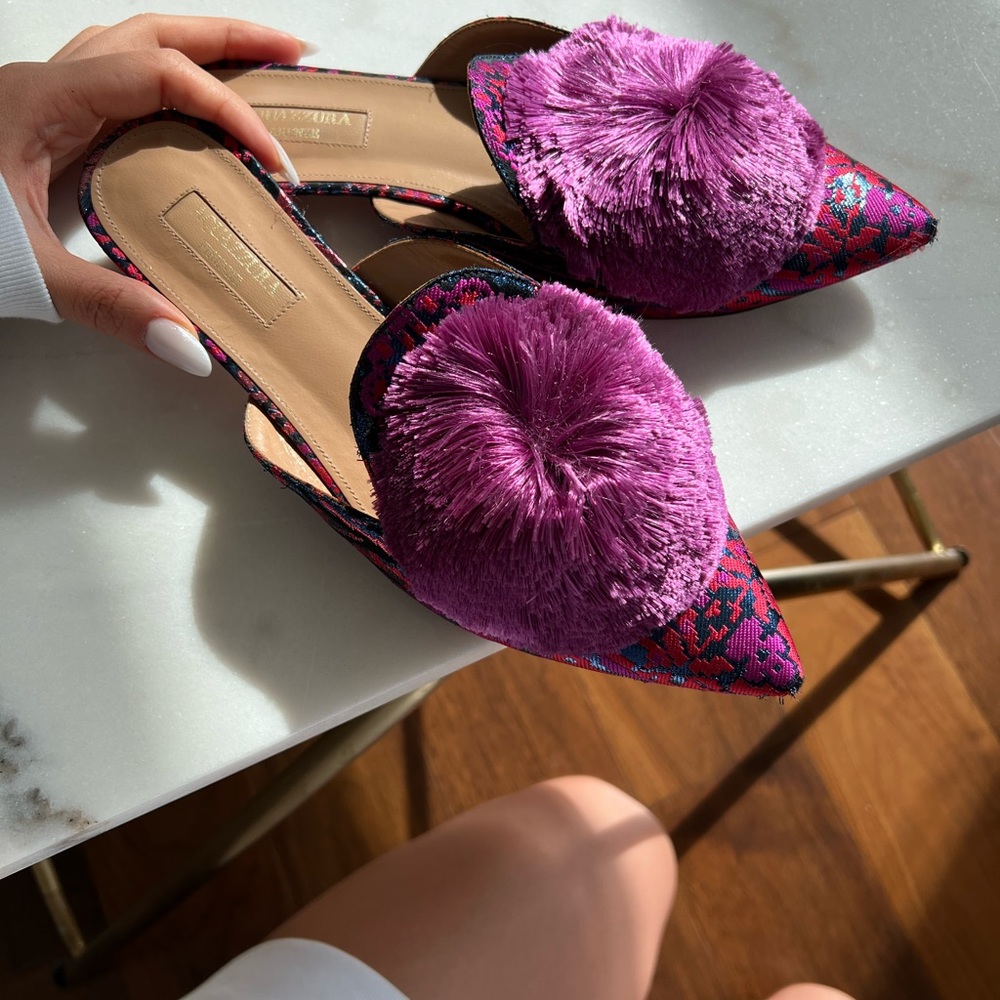 Aquazzura Size 6.5 powder puff pompom slippers